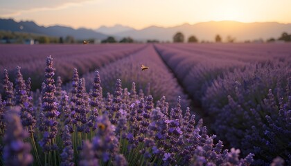 a dense field of lavender stretching into the horizon, with bees hovering near blooms and mountains faintly visible in the background, all captured in warm evening light -