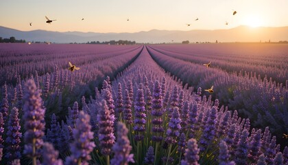 a dense field of lavender stretching into the horizon, with bees hovering near blooms and mountains faintly visible in the background, all captured in warm evening light -