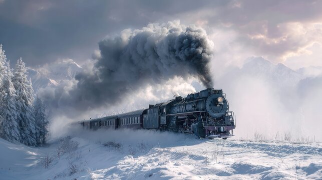 Steam train in snowy mountain landscape