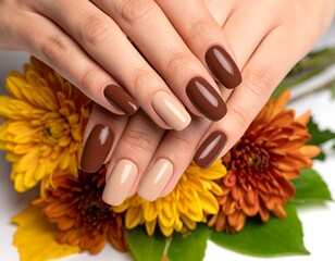 Close-up of manicured hands with autumnal colors
