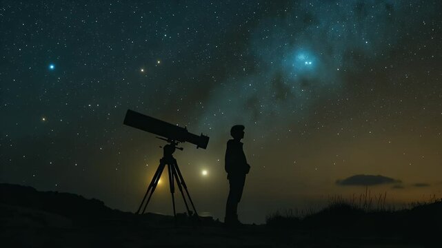 Silhouette of person observing night sky through telescope