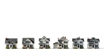 Row of Modern Small Houses with Front Gardens in Suburban Neighborhood
