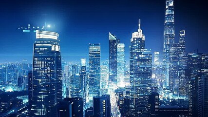 Futuristic city skyline at night with illuminated skyscrapers and vibrant city life in the background - Powered by Adobe