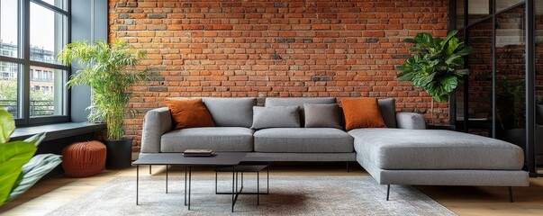 Interior design of a modern living room with a beige sofa over a mock-up wall for a contemporary and customizable design, Generative AI