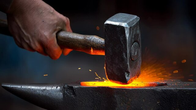 Blacksmith hammering glowing hot metal on anvil with sparks flying fire intense craftsmanship dark workshop metalwork heat