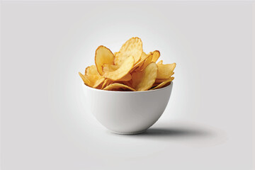 A side view of a snack bowl of savoury potato chips party food, crispy nibbles isolated against a transparent background	