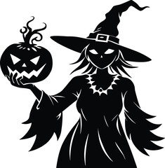 Enchanted Halloween Witch with Jack-o'-lantern Spooky Silhouette Illustration