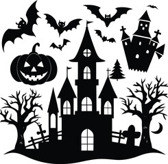 Spooky Halloween Clipart Haunted Castle, Bats, Pumpkin, and Trees