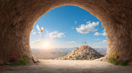 Resurrection - Empty Tomb With Rolled Stone And Doves Flying Out Of Cave - Crosses On Hill At Morning - Abstract Magic Light Effects On Entrance 77163052 1