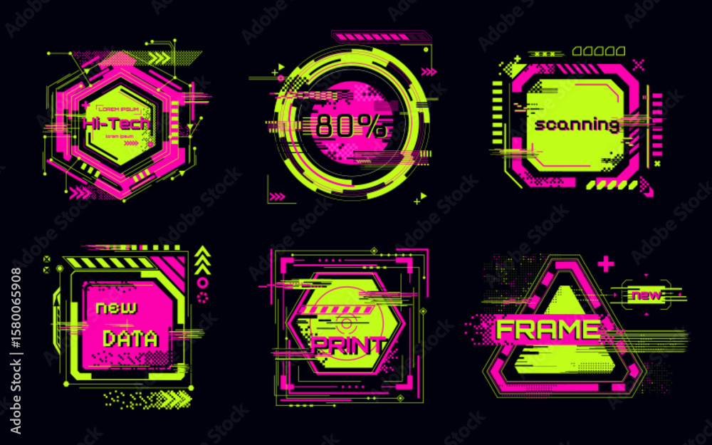 Fototapete cyberpunk glitch frame collection with neon colors - circular badge, triangular border design, hexag