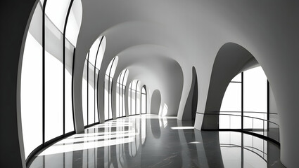 Modern Architectural Hallway Design Featuring Curved Walls and Large Windows Flooded with Natural Light