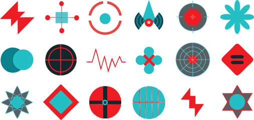 Vector art of a vibrant collection of abstract geometric icons and symbols representing technology and data.