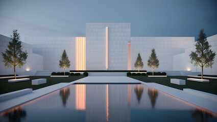 Serene White Architectural Masterpiece with Reflecting Pool and Ambient Lighting