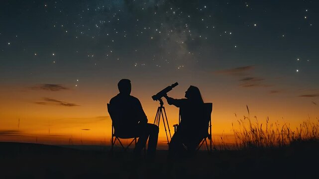 Silhouettes of people stargazing at sunset