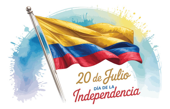 colombia independence day poster with waving national flag, watercolor splash background, and july 20 tribute in spanish text