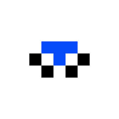 A pixelated, retro-style logo resembling a simplified car or a cute abstract character in blue, black, and white squares