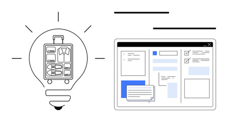 Lightbulb with organized suitcase inside and digital interface showcasing tasks and notes. Ideal for travel planning, innovation, organization, multitasking, productivity, creativity, efficient