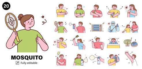 Korean man and woman in various poses trying to catch and avoid mosquitos.