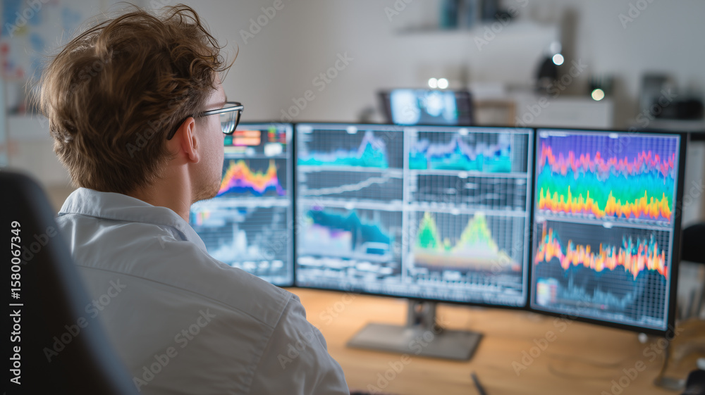 Poster Data scientist analyzing peak energy and power usage on multiple computer screens in modern office