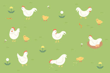 Obraz premium A collection of white chickens and cute yellow chicks in various poses, scattered across a green field with small flowers and grass.