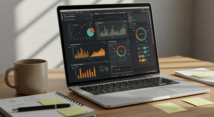 A workspace scene featuring data analytics on a laptop screen with mug, notebook, and pen for business analysis work.