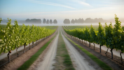 Scenic Country Road Through Lush Green Vineyard Rows Bathed in Morning Sunlight and Gentle Fog