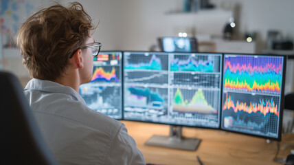 Data scientist analyzing peak energy and power usage on multiple computer screens in modern office