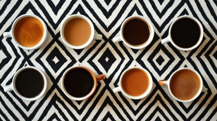 Coffee cups arranged on a patterned tablecloth