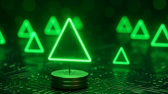 Business carbon credit. Glowing green neon triangle icons floating above stacked coins dark circuit board symbolizing digital currency technology and futuristic circuit