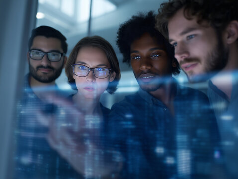 Diverse team analyzing data on transparent screen, focused, collaborative, modern office, technology, innovation