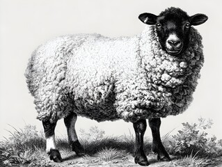 Detailed monochrome vintage illustration of a fluffy Suffolk sheep standing in a field with vegetation.