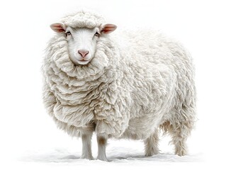 A fluffy white sheep stands peacefully on a snow covered ground in a clean bright isolated environment.