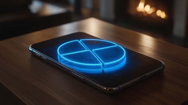 realistic photo with digital overlay of a smartphone displaying a glowing blue pie chart is perfect for tech blogs, financial analysis, or data visualization websites.