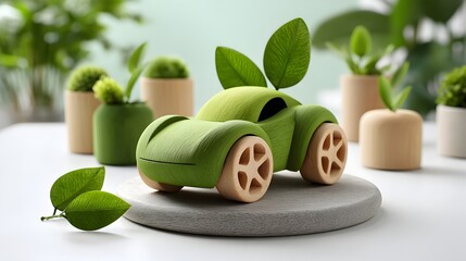 An eco conscious wooden toy car sits among green plants implying sustainable and environmentally friendly living