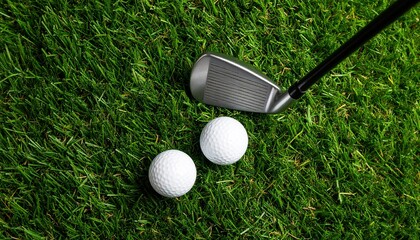 Golf ball and iron club on green grass, ready for shot