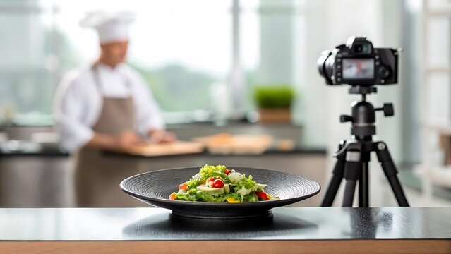Food blogging tutorial: chef filming salad recipe in kitchen for online culinary course video content