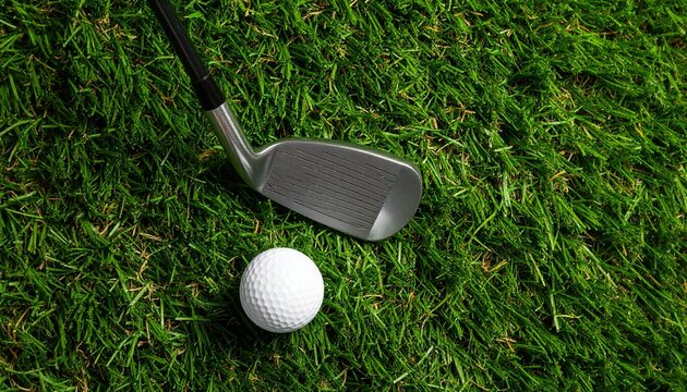 Golf ball and iron club on green grass, ready for shot
