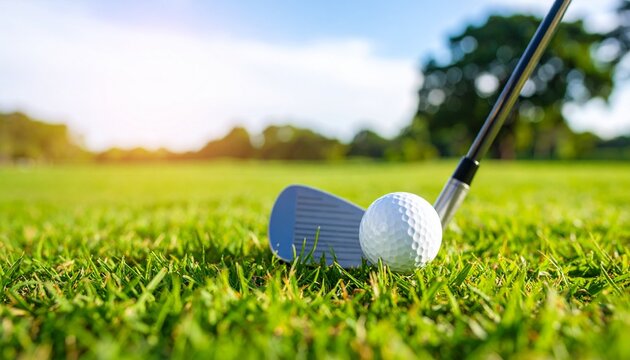 Golf ball and iron club on green grass, ready for shot