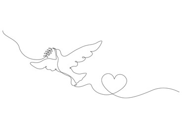 Minimal continuous one line drawing of a dove carrying an olive branch with a heart shape in the same line, symbolizing peace, love, freedom, and unity. Editable stroke

