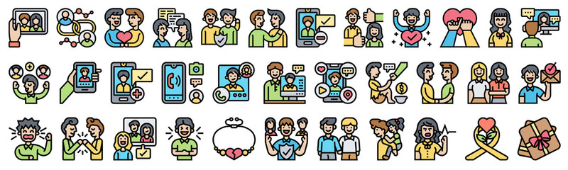 Relationship and communication icon set in color line style. Includes dating, online chat, family bonding, friendship, love, care, social connection, support, and emotions. Vector illustration