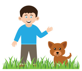 boy and dog character in green grass icon