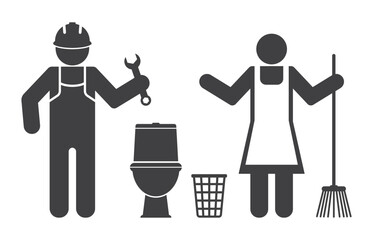 plumber repairman repair toilet and cleaning lady with mop icon