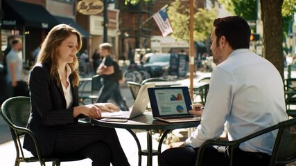 Business professionals discussing data outdoors at a cafe - Powered by Adobe