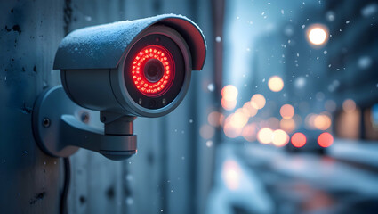 Outdoor Surveillance Camera with Infrared Night Vision Technology Monitoring City Streets in Snowy Weather Conditions