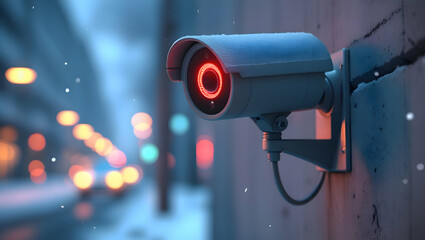 Surveillance Camera Observing a City Street with Falling Snow and Blurred Lights