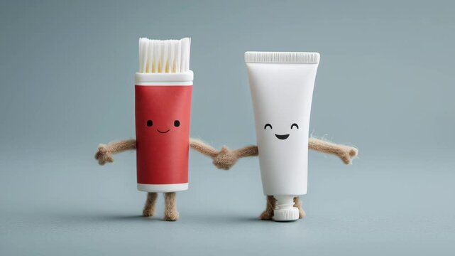 Cute cartoon-style toothbrush and toothpaste characters holding hands, showcasing a friendly relationship, set against a soft blue background, emphasizing the importance of dental hygiene and care
