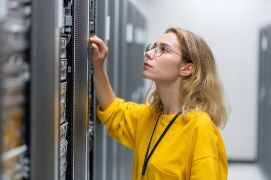 Young woman engineer inspecting server rack in data center, focused and professional atmosphere