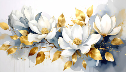 Elegant White Magnolia Flowers with Gold Accents Watercolor Painting