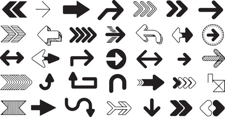 Black vector arrow icons set: web, direction, and play symbols