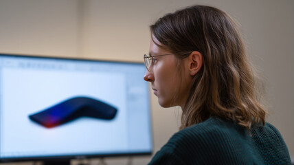 Focused product designer using computer software to enhance ergonomic product design in modern office setting